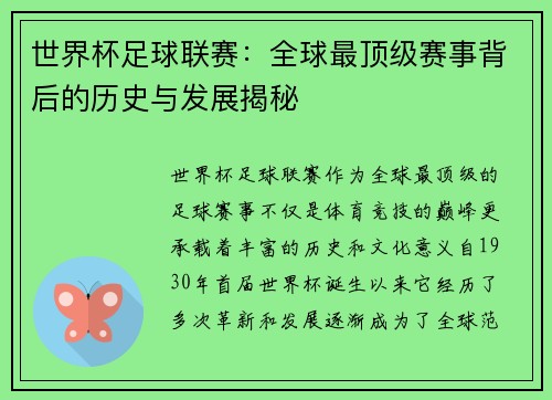 世界杯足球联赛：全球最顶级赛事背后的历史与发展揭秘