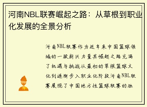 河南NBL联赛崛起之路：从草根到职业化发展的全景分析